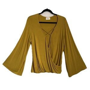 Everly Blouse Womens L Mustard Yellow Surplice Wrap Bell Sleeve Crisscross Boho
